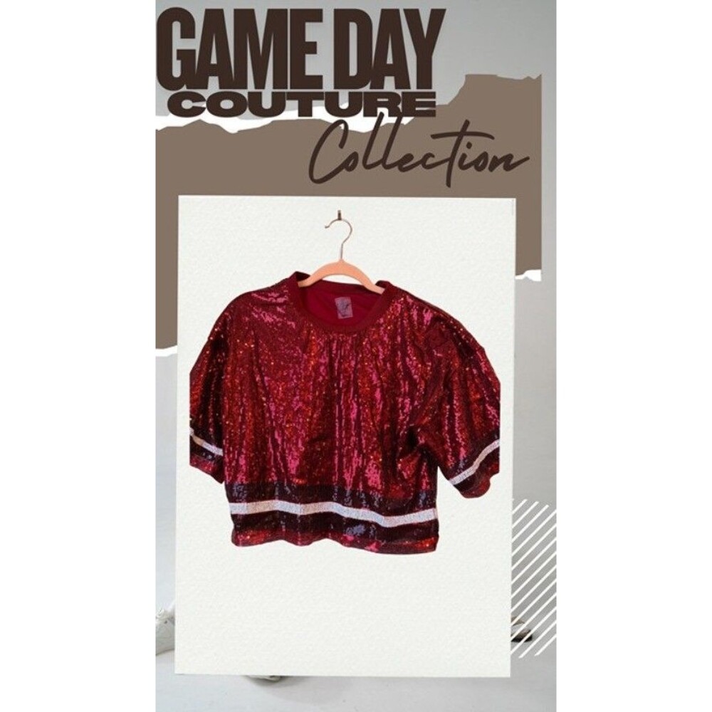 Y2K GameDay Couture Sequin Jersey Crop Football Jersey Garnet